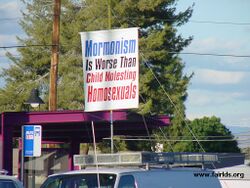 An anti-Mormon protester at the Church's 2003 Mesa Easter Pageant expresses his view that "Mormons are worse than child molesting homosexuals." Most anti-Mormon writers do not reach this level of vitriol, though some do. Unfortunately, a thriving anti-Mormon book and video industry spread the misinformation that encourages such views and behavior.