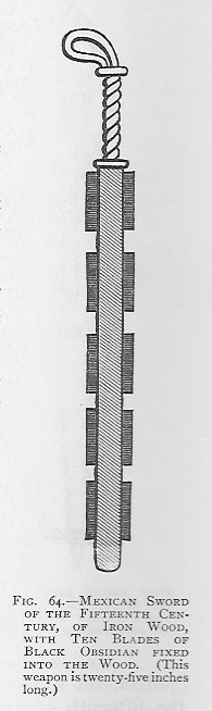 Macuhitl sword from Richard F. Burton, Book of the Sword (London: Chatto & Windus, 1884). Public domain image (copyright expired.) Originally obtained from: http://en.wikipedia.org/wiki/Image:Macahuitl.png. Caption from original work reads: "Mexican sword of the fifteenth century, of Iron Wood, with Ten Blades of Black Obsidian Fixed Into the Wood (This weapon is twenty-five inches long.)"
